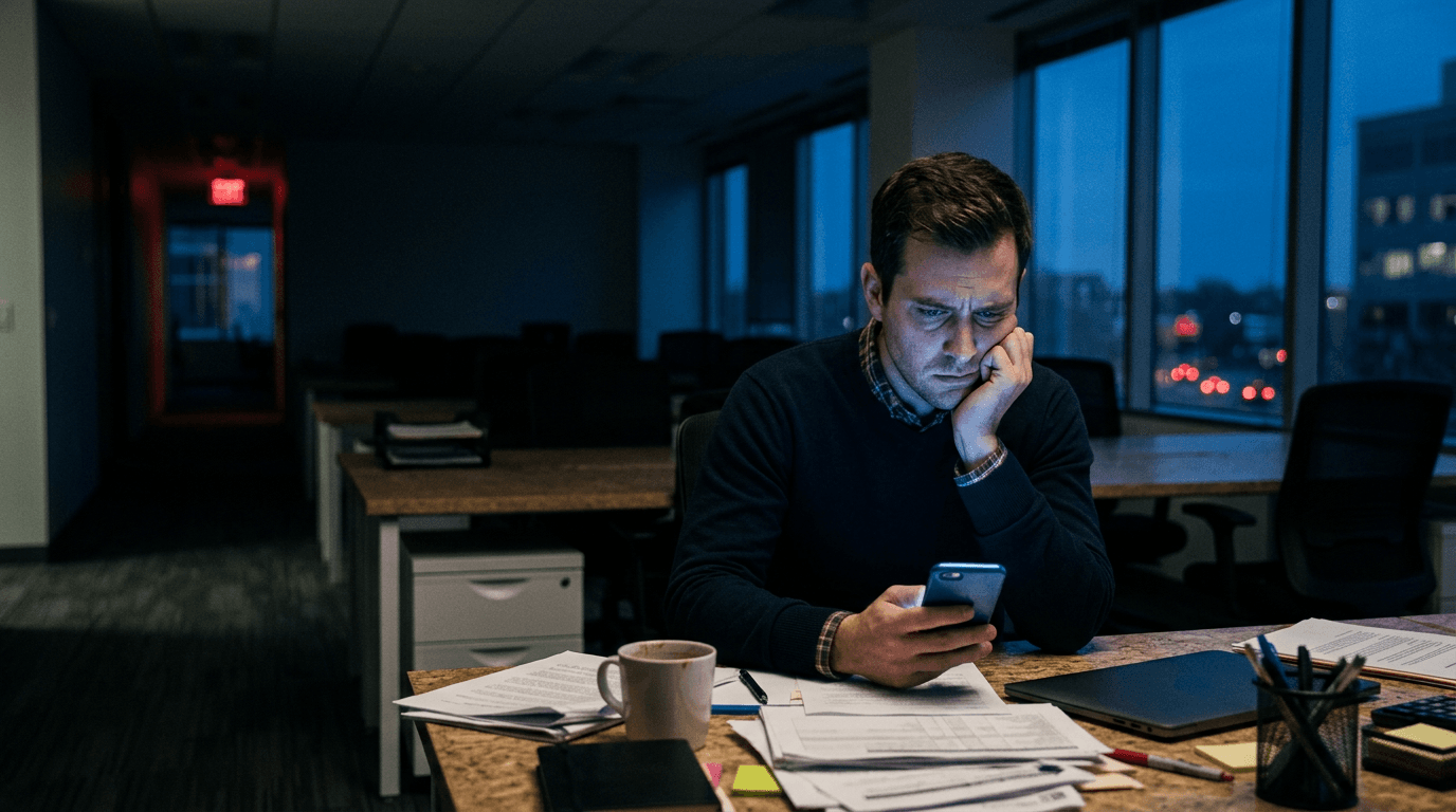 A distressed worker alone at their desk late at night, unsure what to do