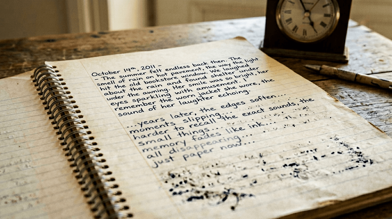 A notebook with handwriting fading from clear to blurry, with a clock in the background