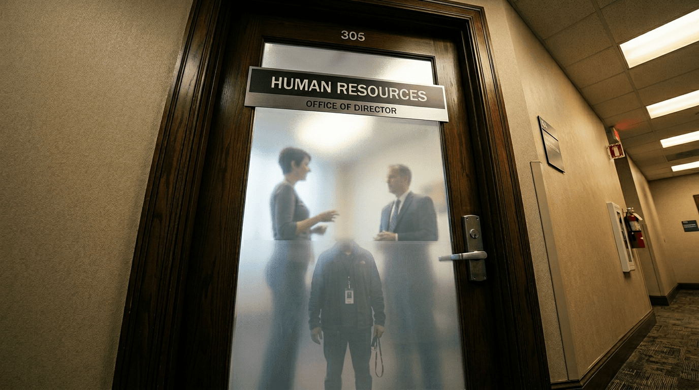 An imposing HR office door with frosted glass showing two figures talking inside