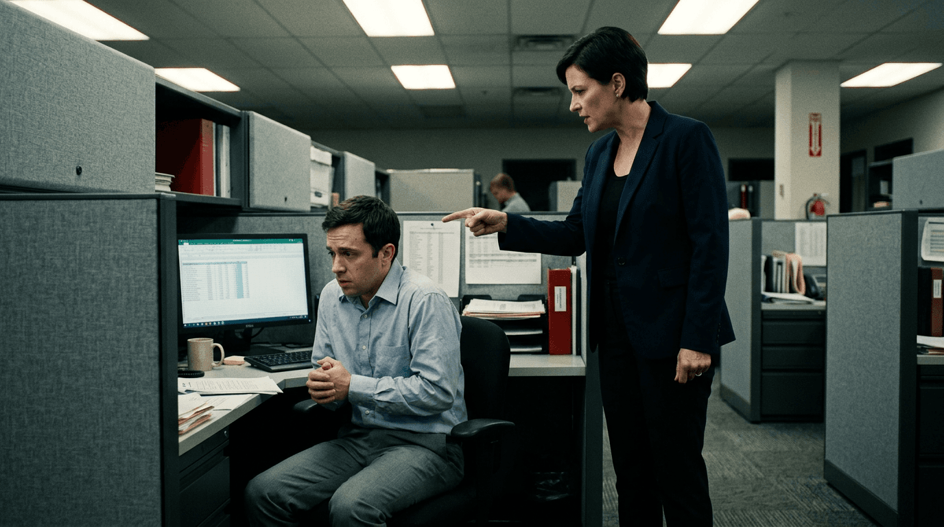 A manager aggressively pointing at a worker sitting at their desk